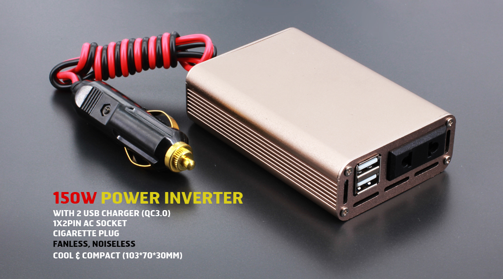 150W ultra compact noiseless 12V to 110V or 220V car inverter with QC3.0 fast USB charger